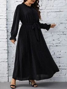 SHEIN Privé Đầm Plus Size Thắt lưng viền lá sen Xù màu trơn Thanh lịch - màu đen - Xem 4