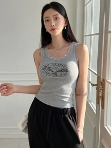 DAZY 老鷹及字母圖案花邊背心 - 淺灰色 - 查看 6