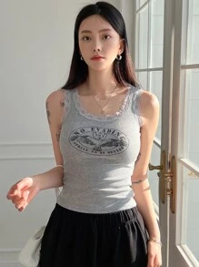 DAZY 老鷹及字母圖案花邊背心 - 淺灰色 - 查看 7