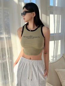 DAZY Slogan Graphic Contrast Binding Tank Top BRAVE FOR BETTER RESULTS BEST OF ALL Crop Women Tops - Army Green - View 6