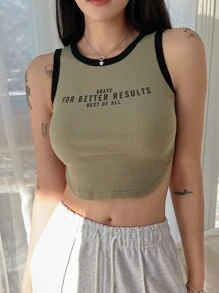 DAZY Slogan Graphic Contrast Binding Tank Top BRAVE FOR BETTER RESULTS BEST OF ALL Crop Women Tops - Army Green - View 7