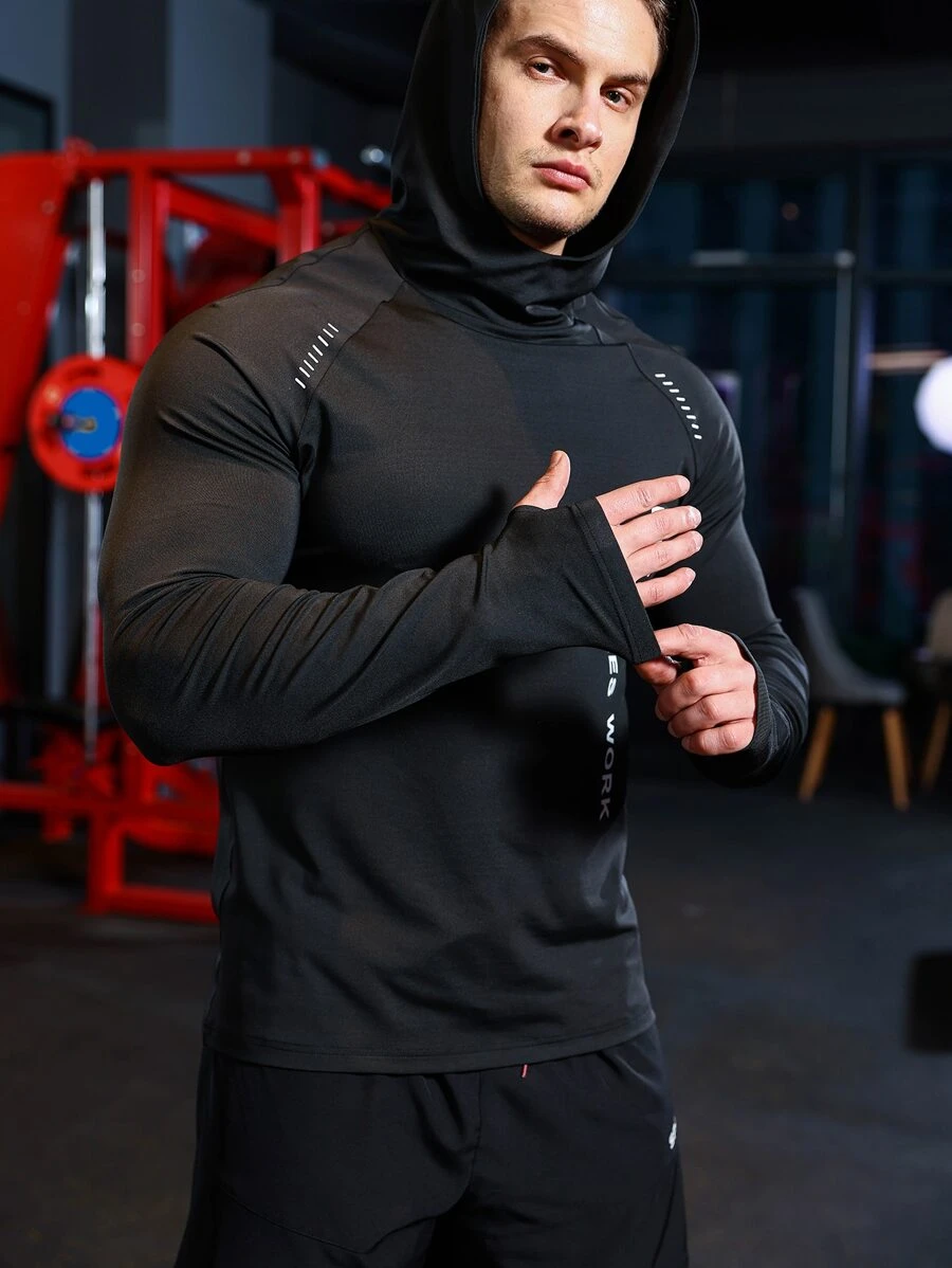 Manfinity Running Áo nỉ thể thao tay raglan kiểu Boyfriend dành cho nam, in hình khẩu hiệu và có lỗ xỏ ngón tay. - màu đen - Xem 1