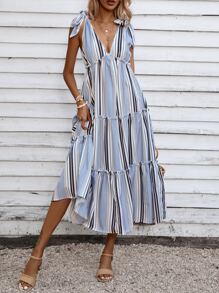 SHEIN VCAY Vestido de rayas de hombros con cordón fruncido bajo con fruncido - Azul - Ver 3