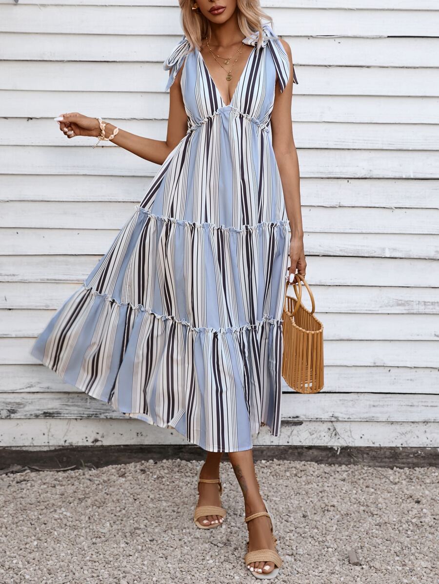 SHEIN VCAY Vestido de rayas de hombros con cordón fruncido bajo con fruncido - Azul - Ver 1