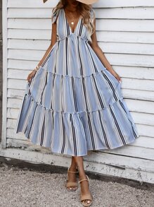 SHEIN VCAY Vestido de rayas de hombros con cordón fruncido bajo con fruncido - Azul - Ver 6