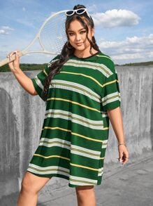 SHEIN Qutie 大碼條紋圖案落肩T恤連衣裙 - 彩色 - 查看 3