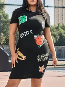 SHEIN Coolane Plus Basketball & Letter Graphic Bodycon Dress - Black - View 1