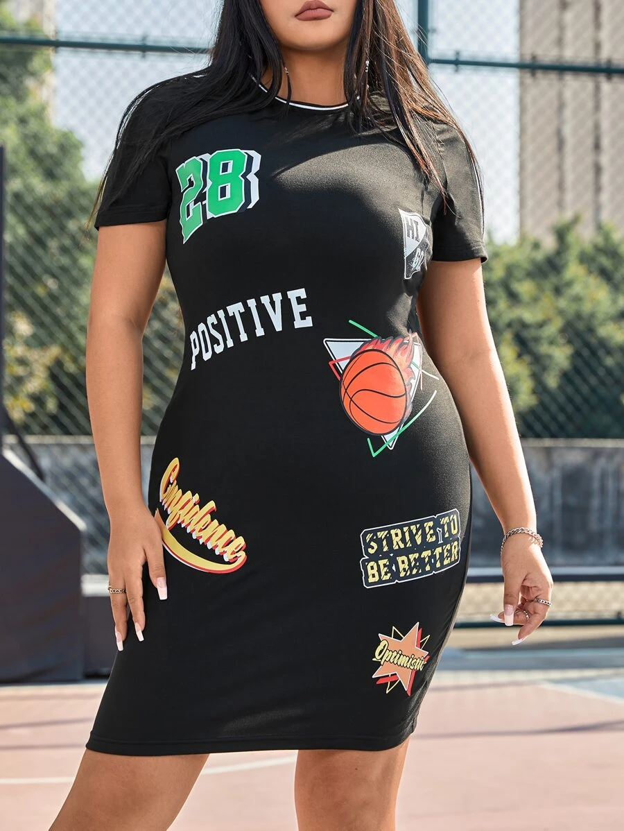 SHEIN Coolane Plus Basketball & Letter Graphic Bodycon Dress - Black - View 1