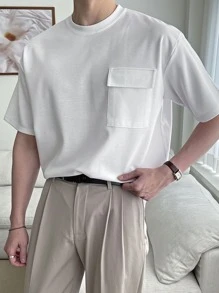 DAZY 男士純棉翻蓋口袋純色T恤 - 白色 - 查看 4