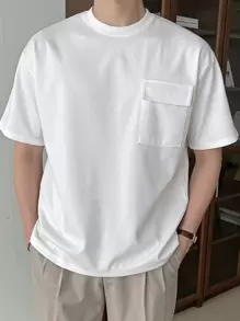 DAZY 男士純棉翻蓋口袋純色T恤 - 白色 - 查看 5