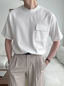 DAZY 男士純棉翻蓋口袋純色T恤 - 白色 - 查看 6