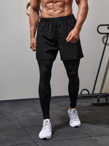 Men Letter Graphic 2 In 1 Sports Trousers - Black - View 4