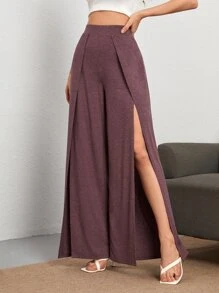 SHEIN Tall Solid Split Thigh Trousers - Maroon - View 3