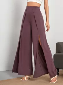 SHEIN Tall Solid Split Thigh Trousers - Maroon - View 1