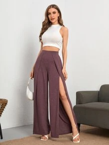 SHEIN Tall Solid Split Thigh Trousers - Maroon - View 5