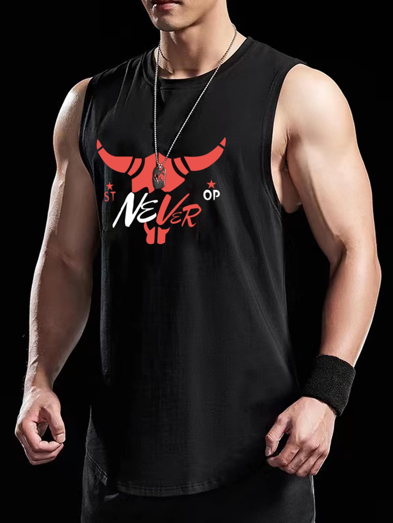 Fitness Men Cattle & Slogan Graphic Sports Tank Top - Black - View 1