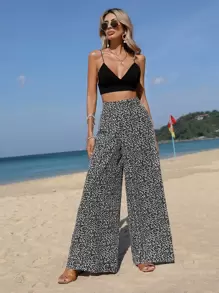 SHEIN VCAY Ditsy Floral Print Wide Leg Trousers - Black and White - View 1