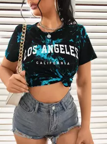 SHEIN EZwear Áo thun nữ Lá thư Cà vạt nhuộm Giải trí - Màu xanh bạc hà - Xem 1