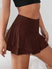 SHEIN PETITE 荷葉邊素色半身裙 - 咖啡棕 - 查看 3