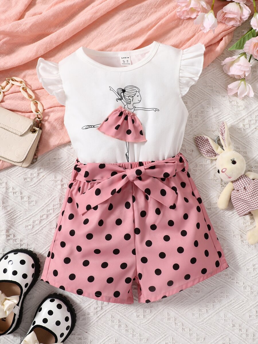 小女童人像圖案荷葉邊T恤和波卡圓點附腰帶短褲 - 彩色 - 查看 1