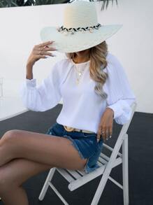 SHEIN LUNE Solid Pleated Raglan Sleeve Blouse - White - View 4