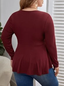 SHEIN LUNE 大碼半拉鏈荷葉邊T恤 - 酒紅色 - 查看 2