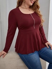 SHEIN LUNE 大碼半拉鏈荷葉邊T恤 - 酒紅色 - 查看 3