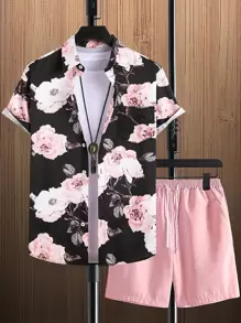 Manfinity RSRT Men Floral Print Shirt & Drawstring Waist Shorts Without Tee , Beach , Graphic , Vacation , Colorful , Boyfriend Gift - Multicolor - View 1