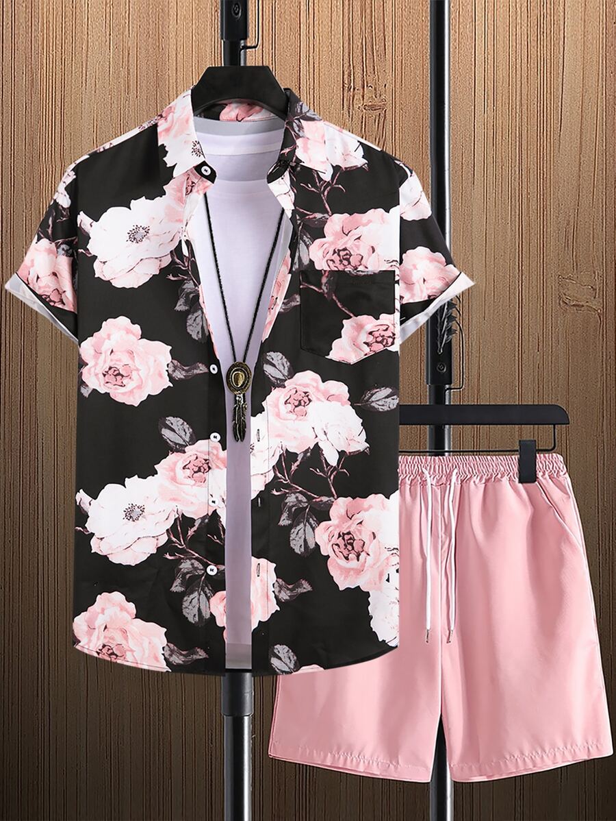 Manfinity RSRT Men Floral Print Shirt & Drawstring Waist Shorts Without Tee , Beach , Graphic , Vacation , Colorful , Boyfriend Gift - Multicolor - View 1