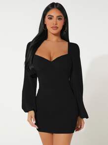 SHEIN PETITE Đầm Xù màu trơn Thanh lịch - màu đen - Xem 1