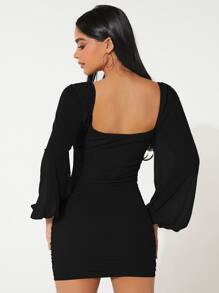 SHEIN PETITE Đầm Xù màu trơn Thanh lịch - màu đen - Xem 2