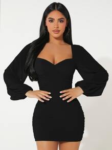 SHEIN PETITE Đầm Xù màu trơn Thanh lịch - màu đen - Xem 3