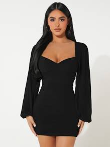 SHEIN PETITE Đầm Xù màu trơn Thanh lịch - màu đen - Xem 4