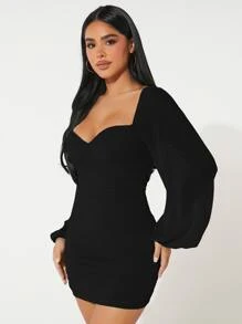 SHEIN PETITE Đầm Xù màu trơn Thanh lịch - màu đen - Xem 6