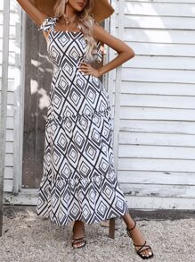 SHEIN LUNE Vestido de tirantes con estampado geométrico bajo con fruncido de hombro con nudo - Blanco - Ver 6