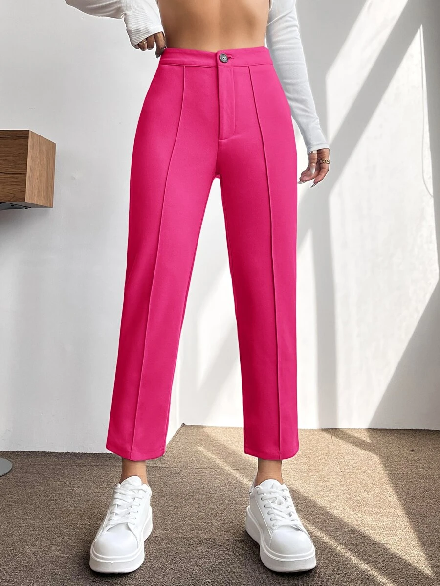 SHEIN PETITE 高腰按折痕錐形褲 - 玫紅色 - 查看 1