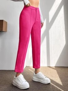 SHEIN PETITE 高腰按折痕錐形褲 - 玫紅色 - 查看 3