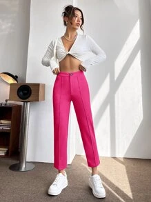 SHEIN PETITE 高腰按折痕錐形褲 - 玫紅色 - 查看 4