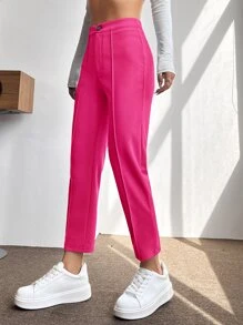 SHEIN PETITE 高腰按折痕錐形褲 - 玫紅色 - 查看 5