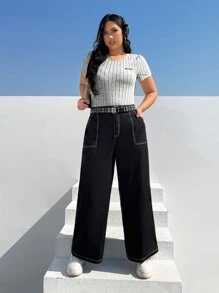 SHEIN EZwear Plus Letter Patched Ribbed Knit Tee Bodysuit - Grey - View 3