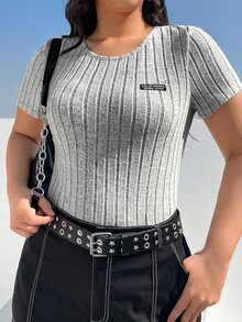 SHEIN EZwear Plus Letter Patched Ribbed Knit Tee Bodysuit - Grey - View 6