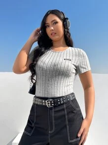 SHEIN EZwear Plus Letter Patched Ribbed Knit Tee Bodysuit - Grey - View 1