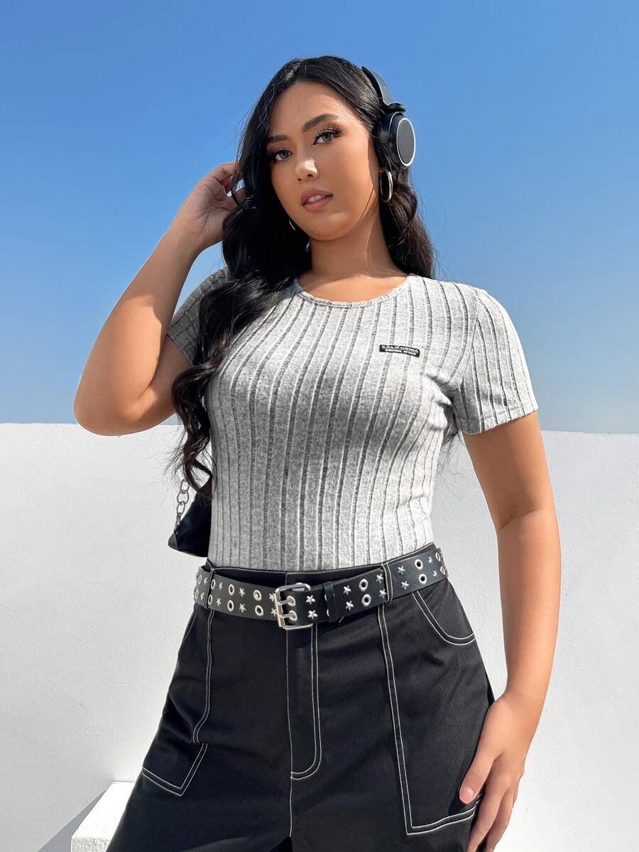 SHEIN EZwear Plus Letter Patched Ribbed Knit Tee Bodysuit - Grey - View 1