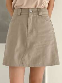 DAZY 高腰斜插口袋A字半身裙 - 卡其色 - 查看 8