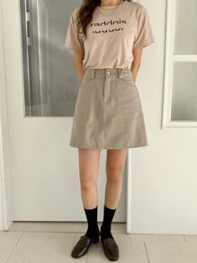 DAZY 高腰斜插口袋A字半身裙 - 卡其色 - 查看 6