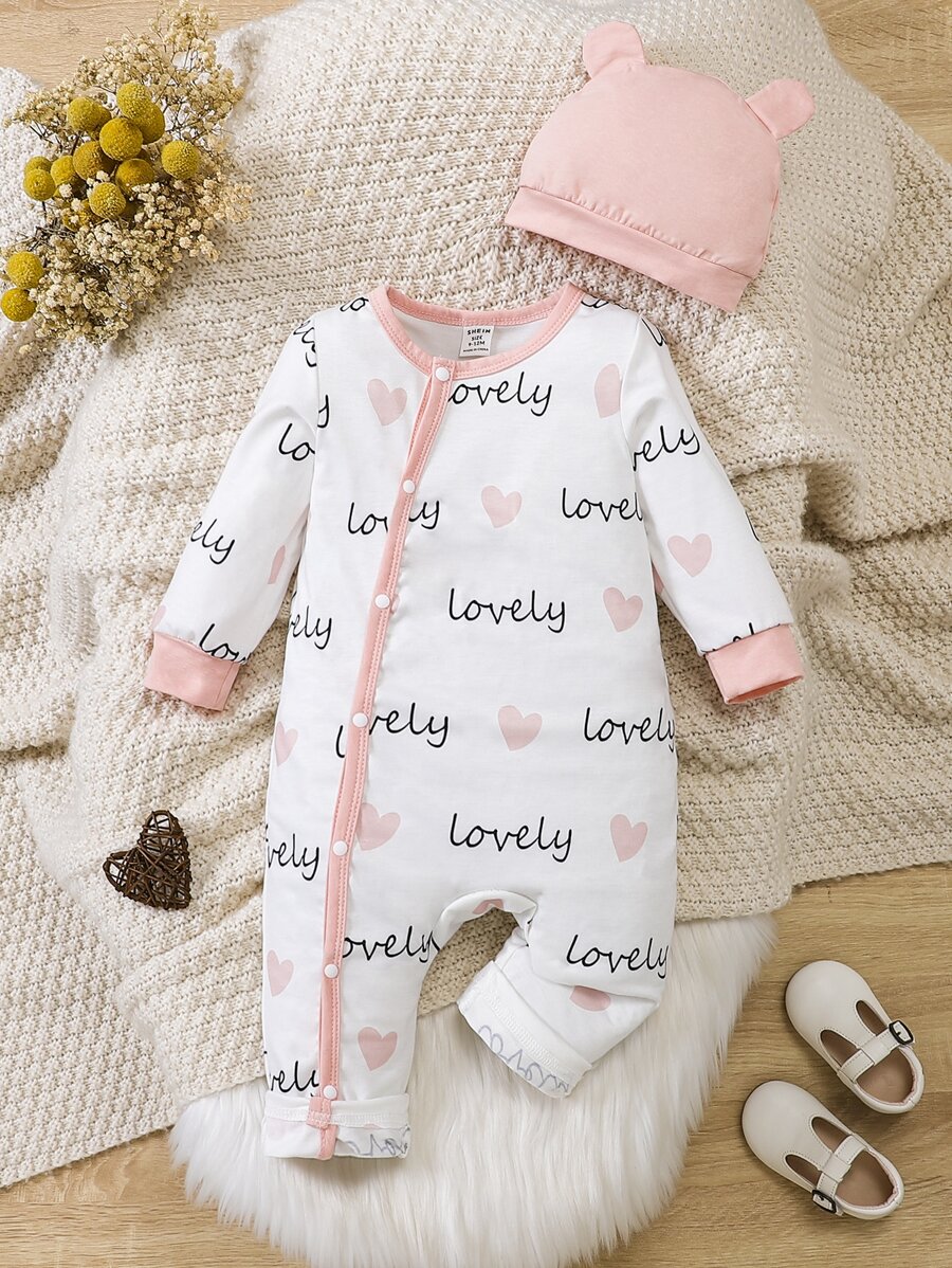 Baby Heart & Letter Graphic Jumpsuit & Accessory Hat - White - View 1