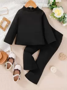 Baby Boy Mock Neck Keyhole Back Tee & Flare Leg Pants - Black - View 1