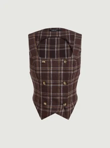 SHEIN MOD Plaid Print Double Breasted Tank Top - Coffee Brown - View 1