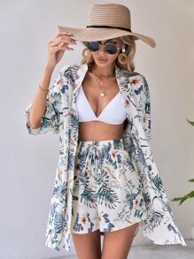SHEIN VCAY Summer Beach Tropical Print Blouse & Tie Front Shorts Two Piece Set - Apricot - View 1
