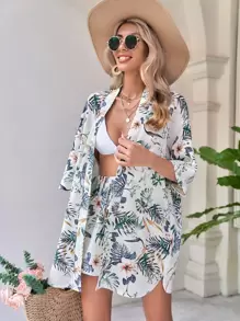 SHEIN VCAY Summer Beach Tropical Print Blouse & Tie Front Shorts Two Piece Set - Apricot - View 4